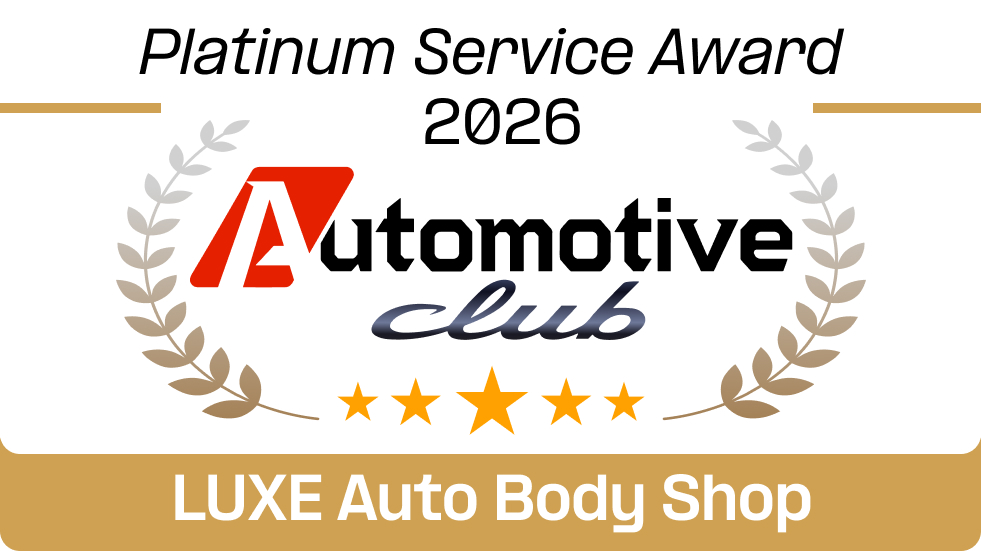 Platinum-service-award-2026 Platinum service award 2026 certificate for luxe auto body shop from automotive club, featuring laurel branches and a row of five gold stars.