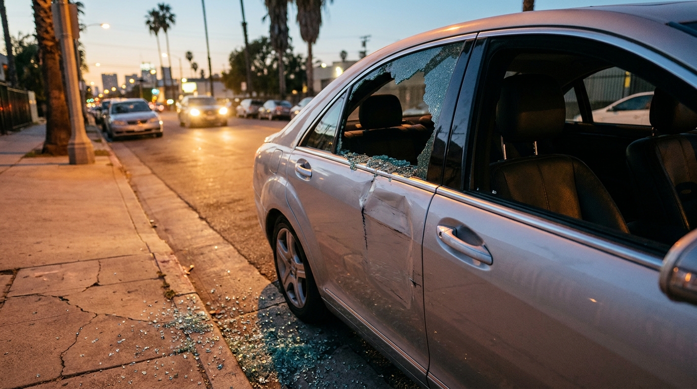 Car Break-In Repair in Los Angeles: What the Body Damage Actually Costs (Beyond the Glass) Shattered passenger window and pry-bar dent on a luxury sedan after a car break-in repair job in Los Angeles