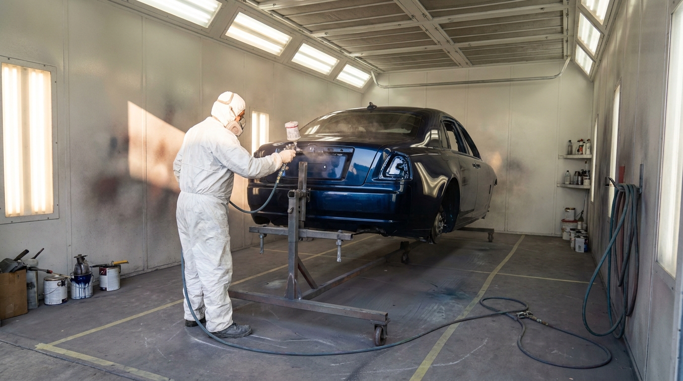 Car Color Change Cost in Los Angeles: An Honest Body Shop Breakdown Auto body painter applying metallic blue color change paint to a luxury sedan inside a Los Angeles body shop paint booth