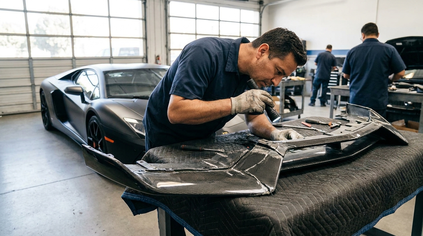 Carbon Fiber Repair in Los Angeles: Costs, Repair vs. Replace, and How to Vet a Shop Technician inspecting a cracked carbon fiber splitter for exotic car repair at a Los Angeles auto body shop