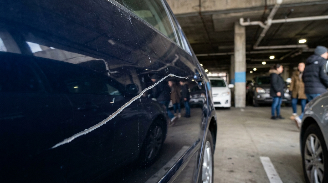 Keyed Car Repair in Los Angeles: Cost Breakdown and the Insurance Claim Decision Close-up of a deep key scratch exposing bare metal on a car door panel in a Los Angeles parking structure