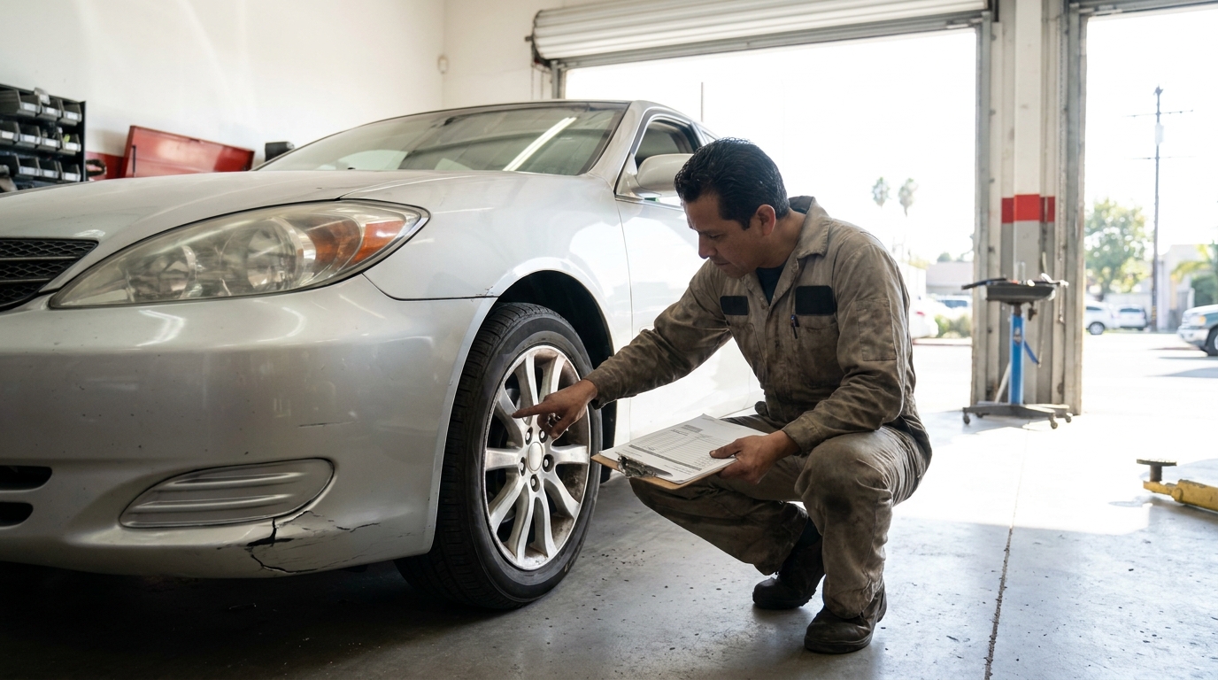 Pothole Damage Repair in Los Angeles: Fix the Car, File the Claim, Get Paid Back Mechanic inspecting bent rim and bumper damage for pothole damage repair in Los Angeles auto body shop