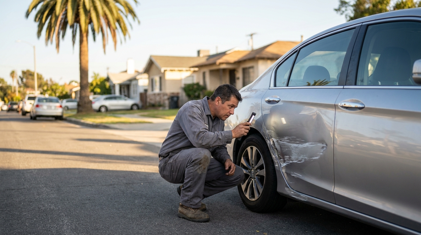 Quarter Panel Repair in Los Angeles: Repair vs. Replace, Real Costs, and What a Shop Actually Checks Body shop technician examining rear quarter panel sideswipe dent on a silver sedan parked on a Los Angeles street