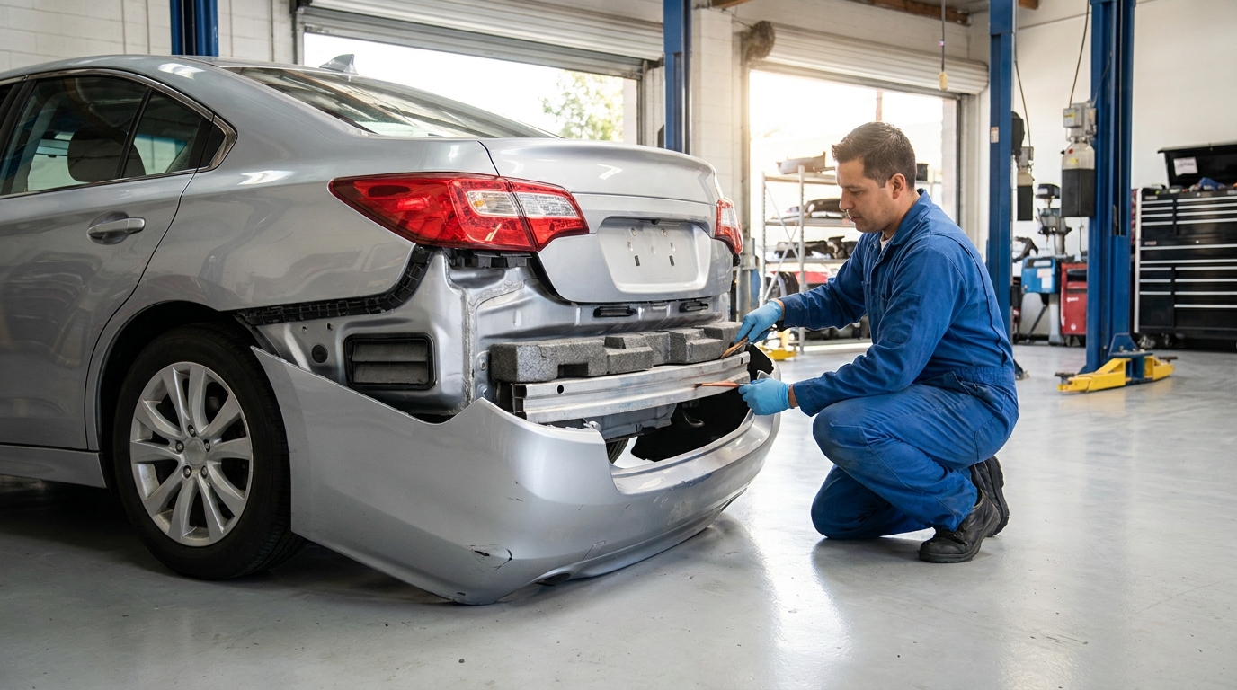 Rear-End Collision Repair Cost in Los Angeles: A Body Shop’s Honest Breakdown Technician performing a rear-end collision repair tear-down inspection at a Los Angeles body shop, removing bumper cover to check for hidden damage