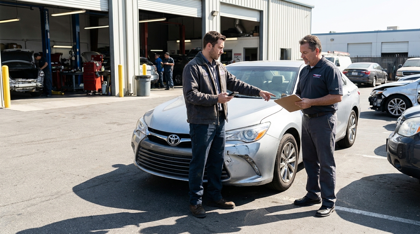 Rideshare Collision Repair in Los Angeles: Who Pays, What It Costs, and How to Get Back on the Road Fast Rideshare driver reviewing collision damage on his car with a Los Angeles auto body shop estimator