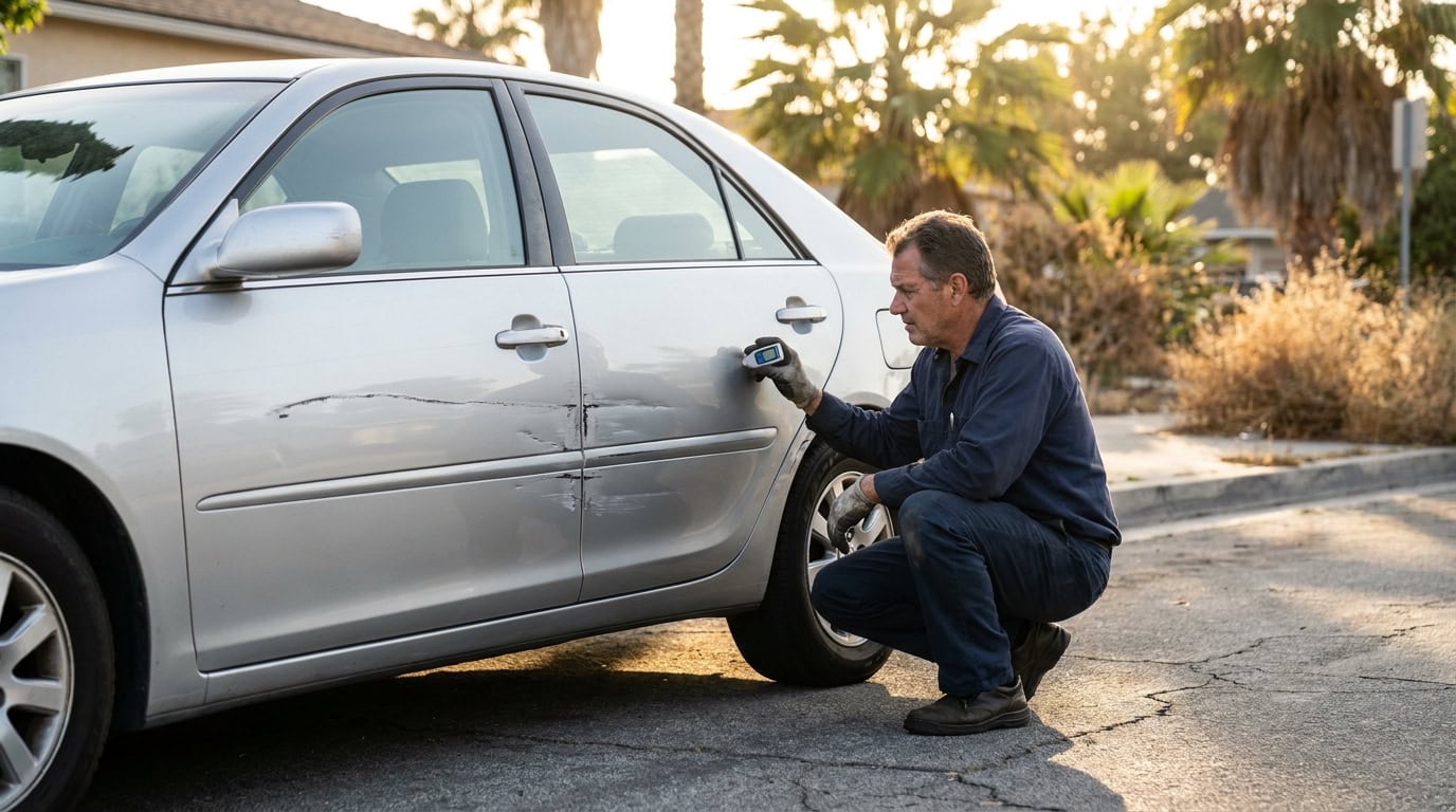 Sideswipe Repair Cost in Los Angeles: What the Damage Actually Involves and What You’ll Pay Body shop technician inspecting multi-panel sideswipe damage on a silver sedan in Los Angeles