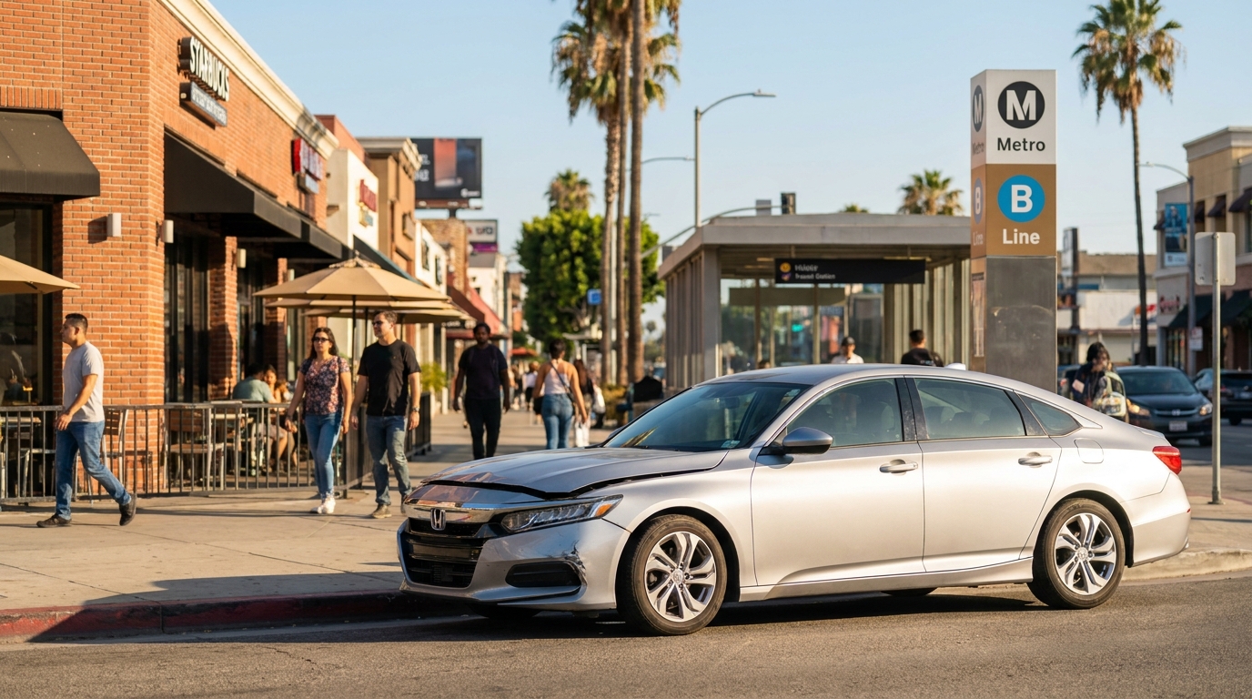 Auto Body Shop North Hollywood: A NoHo Driver’s Guide to Collision Repair Silver sedan with front bumper damage parked on Lankershim Boulevard at an auto body shop in North Hollywood