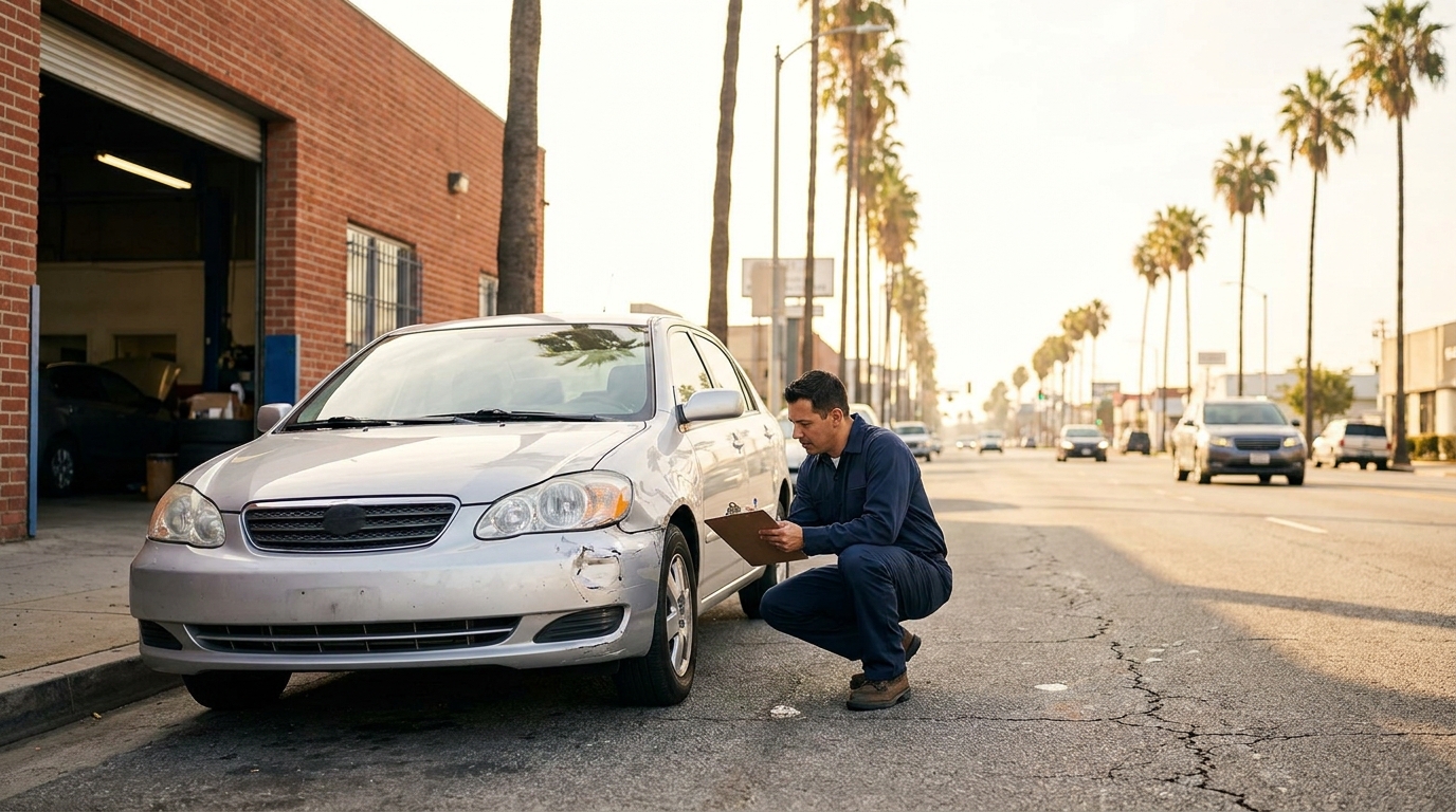 Auto Body Shop Van Nuys: A San Fernando Valley Driver’s Guide to Choosing Right Auto body shop in Van Nuys with a collision-damaged sedan and a technician inspecting front bumper damage on a sunny Valley morning