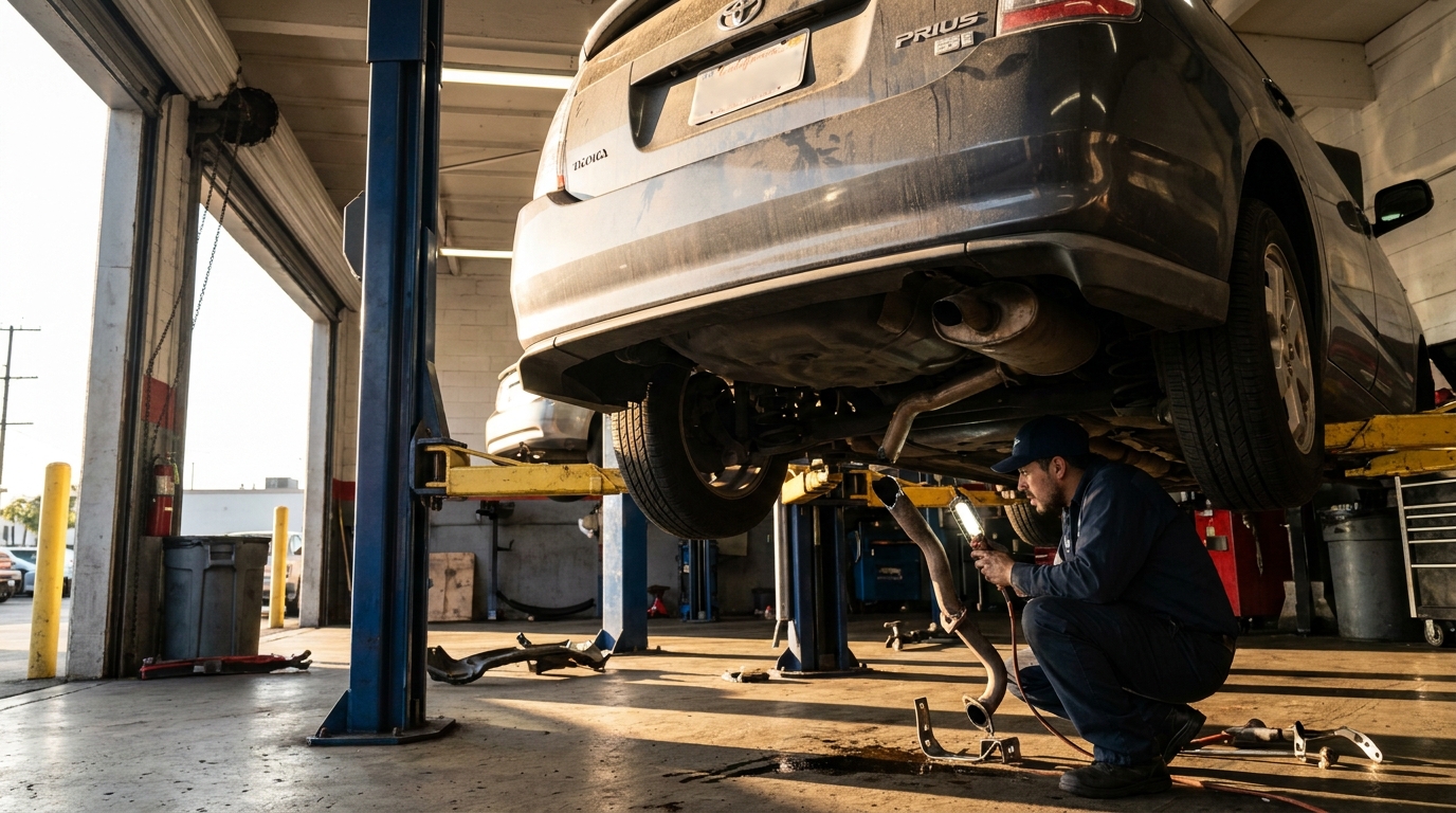 Catalytic Converter Theft Repair in Los Angeles: The Full Scope, the Insurance Claim, and What to Do Next Mechanic inspecting severed exhaust pipe after catalytic converter theft repair in Los Angeles auto body shop
