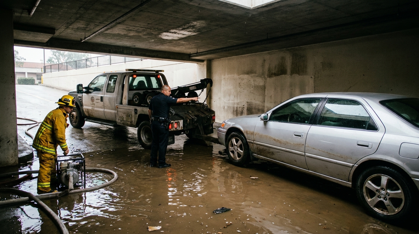 Flood Damaged Car Repair in Los Angeles: Is It Repairable, Is It a Total Loss, and How Does the Claim Work? Flooded underground parking garage in Los Angeles with cars submerged showing water line on door panels after rainstorm flood damage