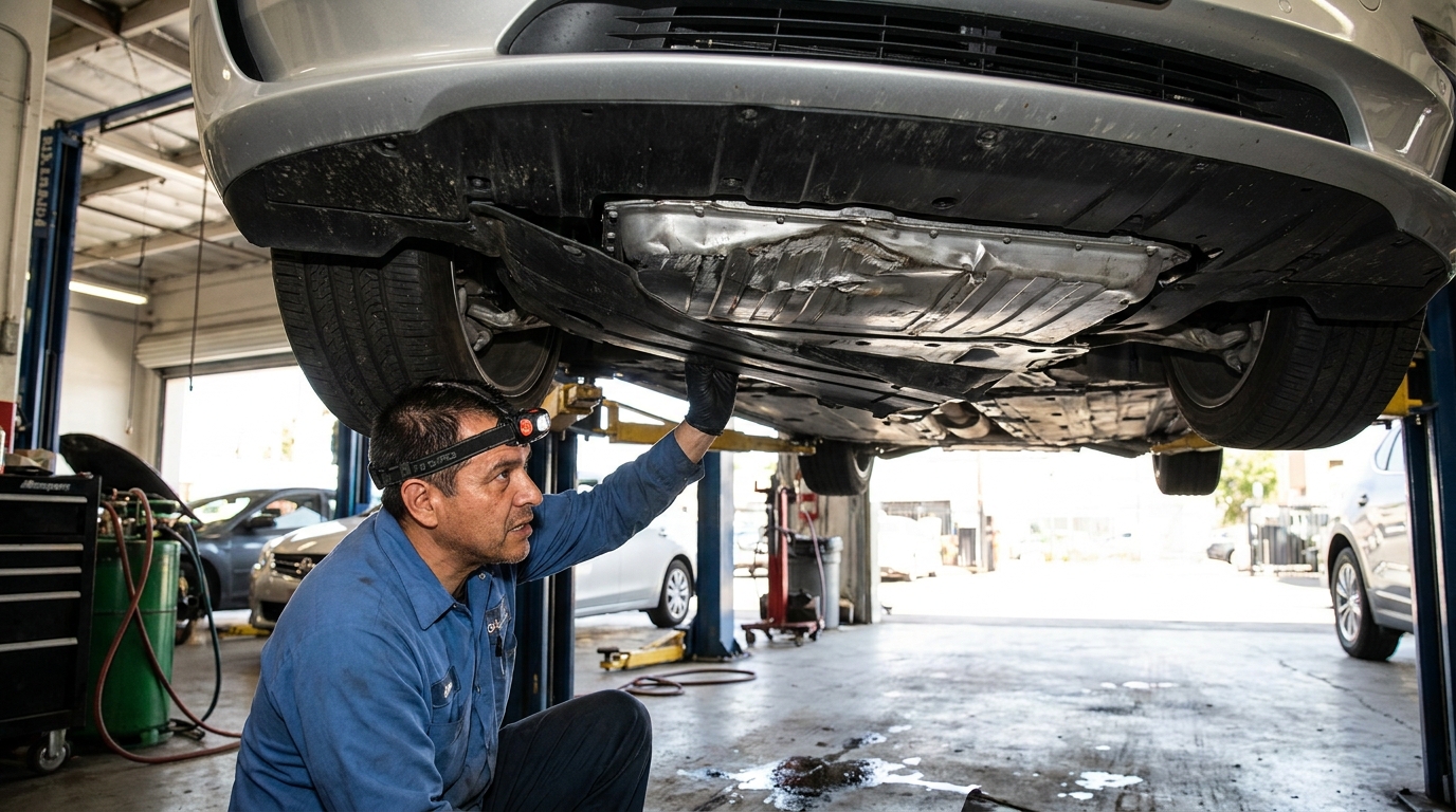 Minor Accident Totaled EV Battery Damage Los Angeles: What LA Owners Must Know Mechanic inspecting EV battery pack underbody damage after a minor accident at a Los Angeles auto body shop