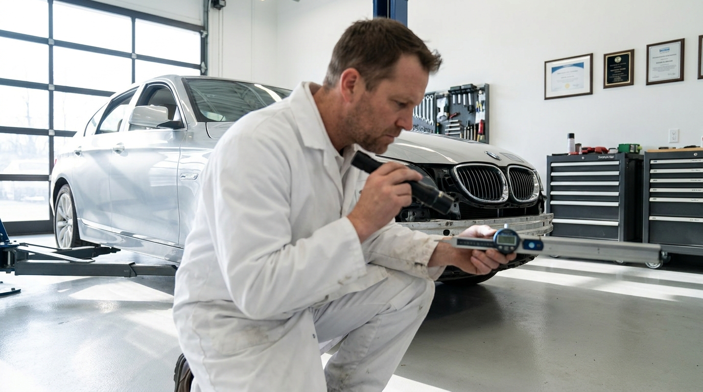 OEM Certified Collision Center Los Angeles: How to Find and Verify One for Your Brand Auto body technician verifying structural repair on a BMW at an OEM certified collision center in Los Angeles