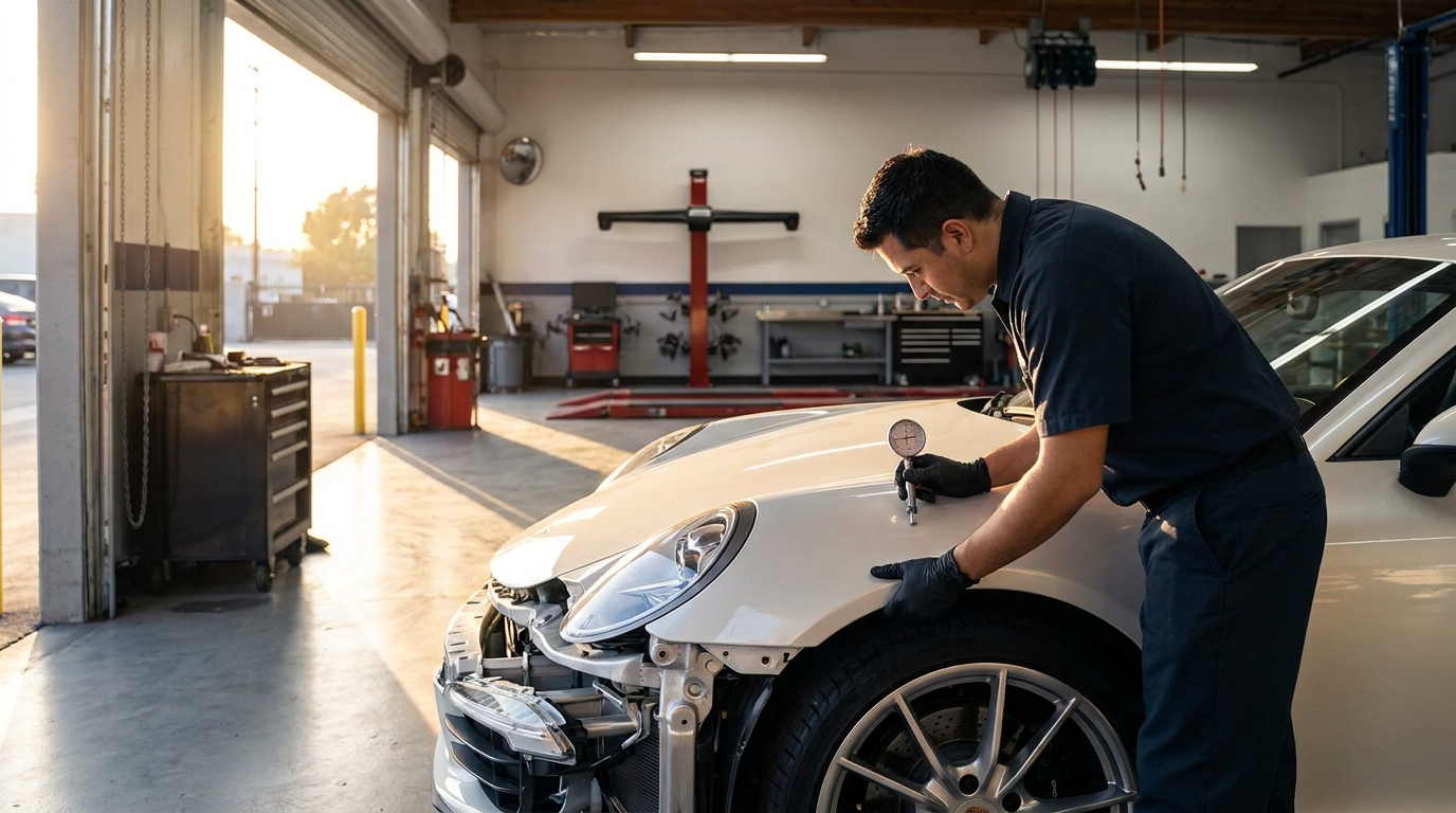 Porsche Approved Collision Center Los Angeles: The Owner’s Guide to Getting It Right Technician inspecting a white Porsche 911 at a Porsche approved collision center in Los Angeles