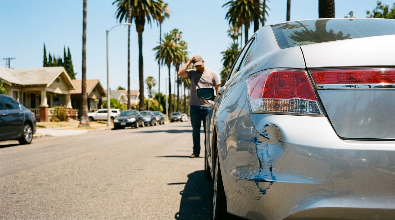 Someone Hit My Parked Car and Left in Los Angeles: Coverage, Costs, and the Repair Path Silver sedan parked on a Los Angeles street with crumpled rear quarter panel damage from a hit-and-run driver who left no note