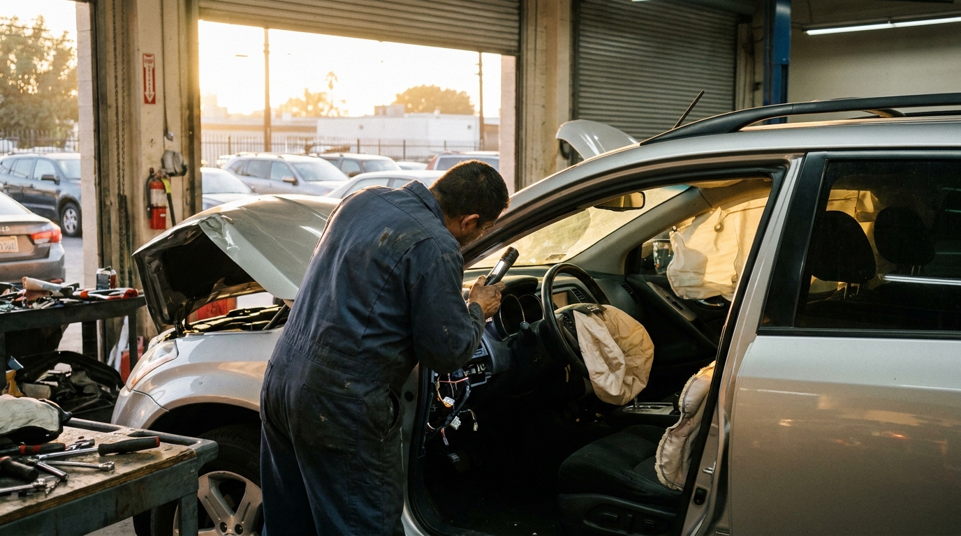Airbags Deployed: Is My Car Totaled in Los Angeles? Costs, the Repair Decision, and What a Shop Actually Checks Deflated airbags visible inside a collision-damaged SUV being inspected at a Los Angeles auto body shop