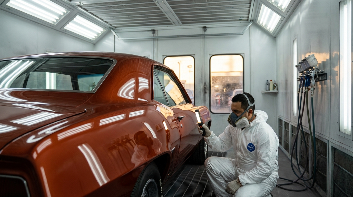 Classic Car Paint Job Cost in Los Angeles: Driver-Quality vs Show vs Concours Pricing (and Why LA Changes Everything) A 1969 Camaro being inspected in a Los Angeles auto body shop spray booth after a classic car paint job, metallic orange finish under bright booth lighting