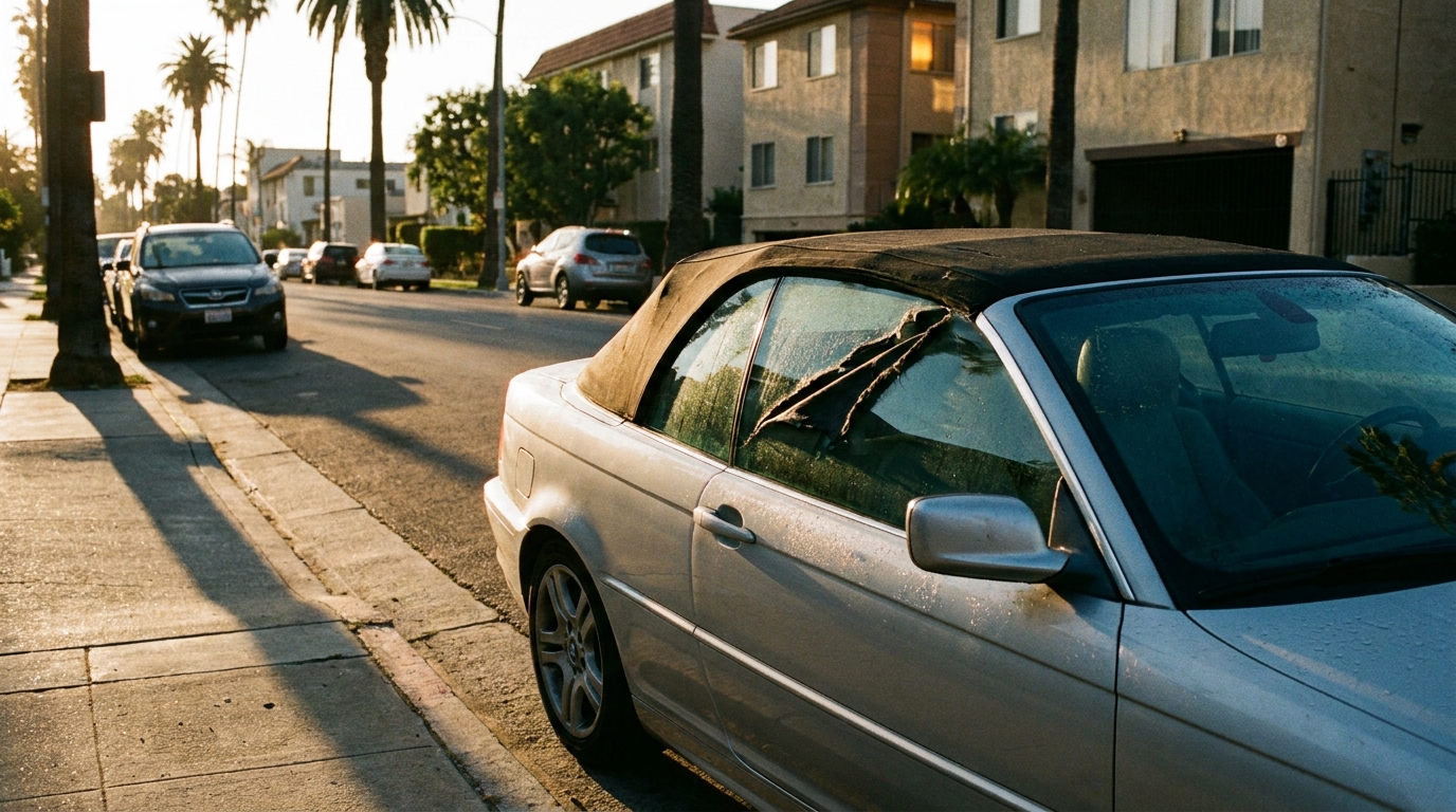 Convertible Top Repair Los Angeles: Costs, Repair vs. Replace, and the Insurance Claim Decision Slashed black canvas convertible soft top on a silver car parked on a Los Angeles street, showing convertible top repair damage