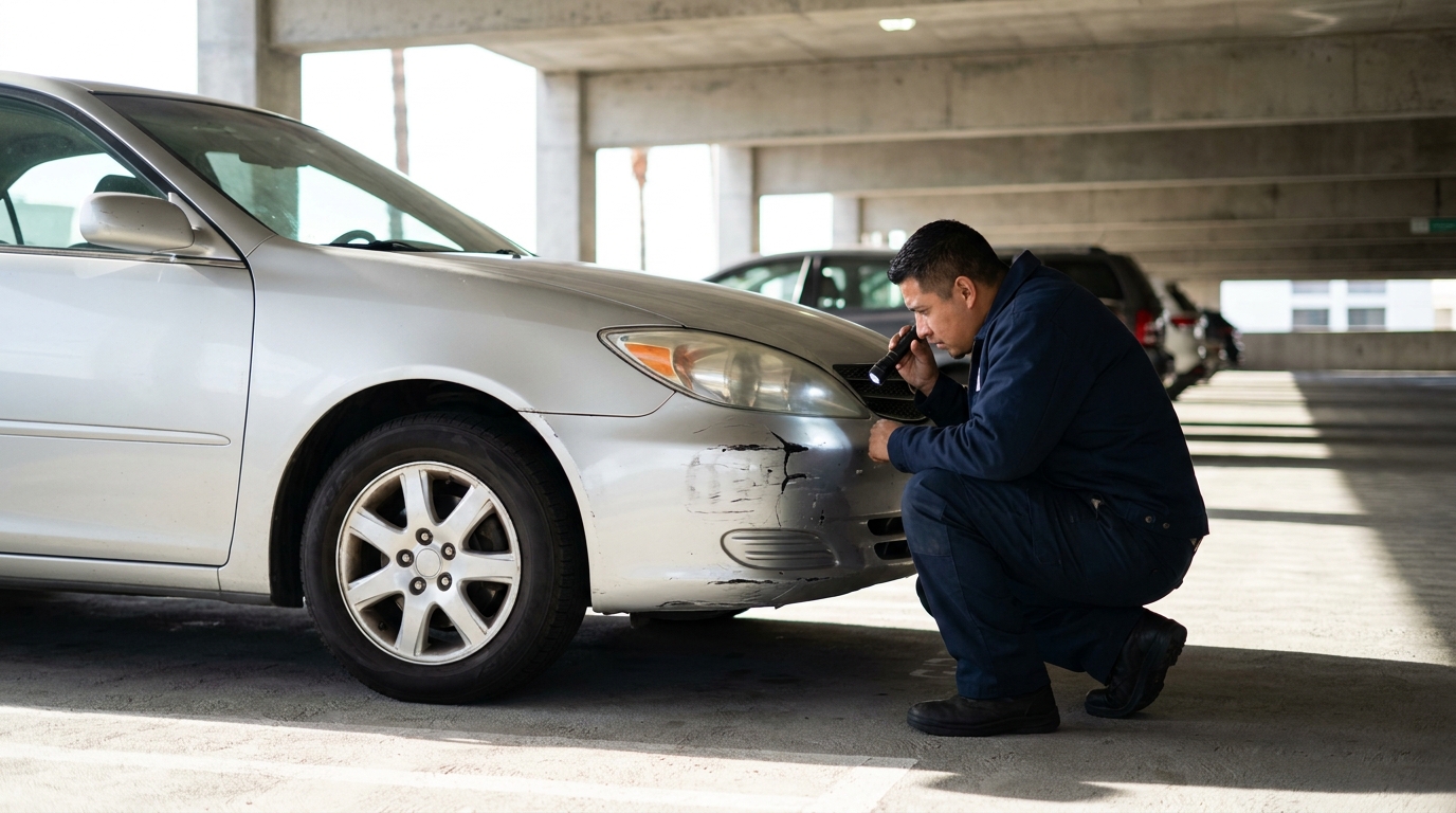 Fender Bender Repair Cost Los Angeles: What a Body Shop Actually Finds (and Whether to File a Claim) Technician inspecting fender bender damage on a silver sedan in a Los Angeles parking garage, close-up view of cracked bumper cover