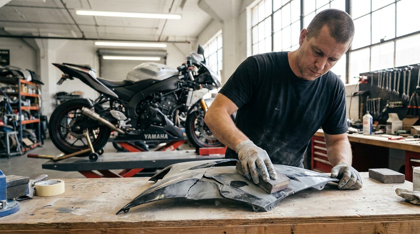 Motorcycle Fairing Repair Los Angeles: Costs, Repair vs. Replace, and the Insurance Claim Motorcycle technician performing professional fairing repair in a Los Angeles auto body shop, sanding a cracked sportbike panel