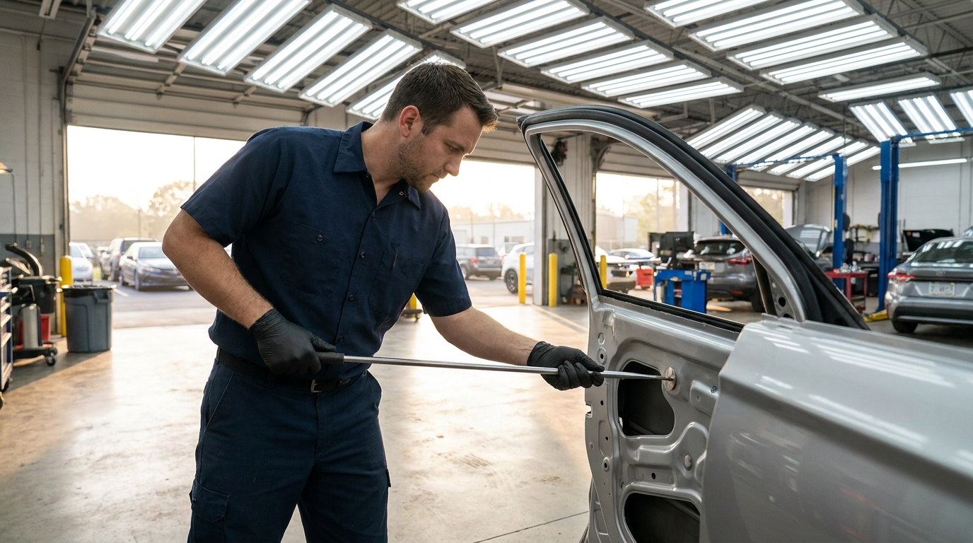 Paintless Dent Repair Los Angeles Cost: Per-Dent Pricing, What Qualifies, and LA Scenarios Auto body technician performing paintless dent repair on a car door in a Los Angeles body shop