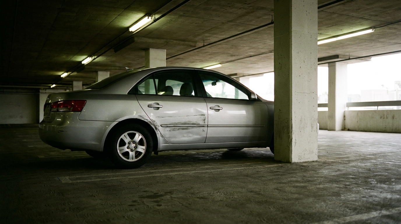 Parking Garage Pillar Scrape Repair in Los Angeles: Costs, the Claim Decision, and What to Do Next Silver sedan with a long parking garage pillar scrape on the driver-side door and quarter panel in Los Angeles