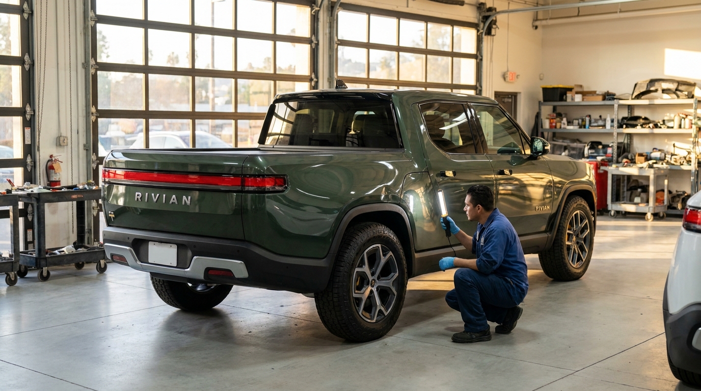 Rivian Collision Repair Los Angeles: An Honest Cost Breakdown from a Body Shop Certified technician inspecting Rivian R1T aluminum body damage inside a Los Angeles auto body shop for collision repair