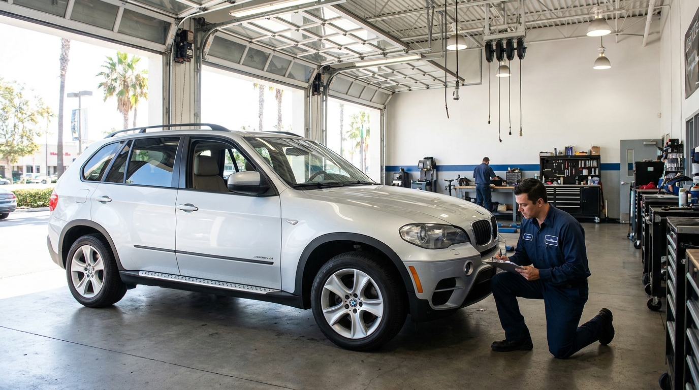 Auto Body Shop Pasadena: A Local Driver’s Guide to Collision Repair, Real Costs, and Your Insurance Rights Technician inspecting a silver BMW SUV at an auto body shop in Pasadena, California