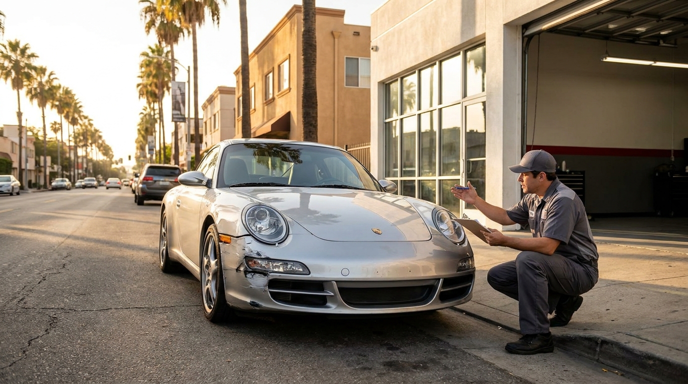 Auto Body Shop West Hollywood: A WeHo Driver’s Guide to Collision Repair, Real Costs, and Your Insurance Rights A silver Porsche with front bumper damage parked outside a West Hollywood auto body shop at golden hour