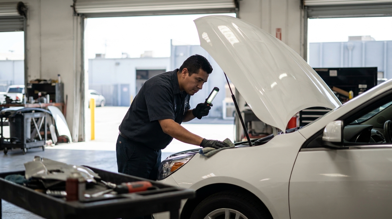 Bird Dropping and Tree Sap Paint Etching Repair in Los Angeles: Body Shop Decision Guide and Real Costs Auto body technician inspecting bird dropping paint etching on a car hood panel at a Los Angeles body shop