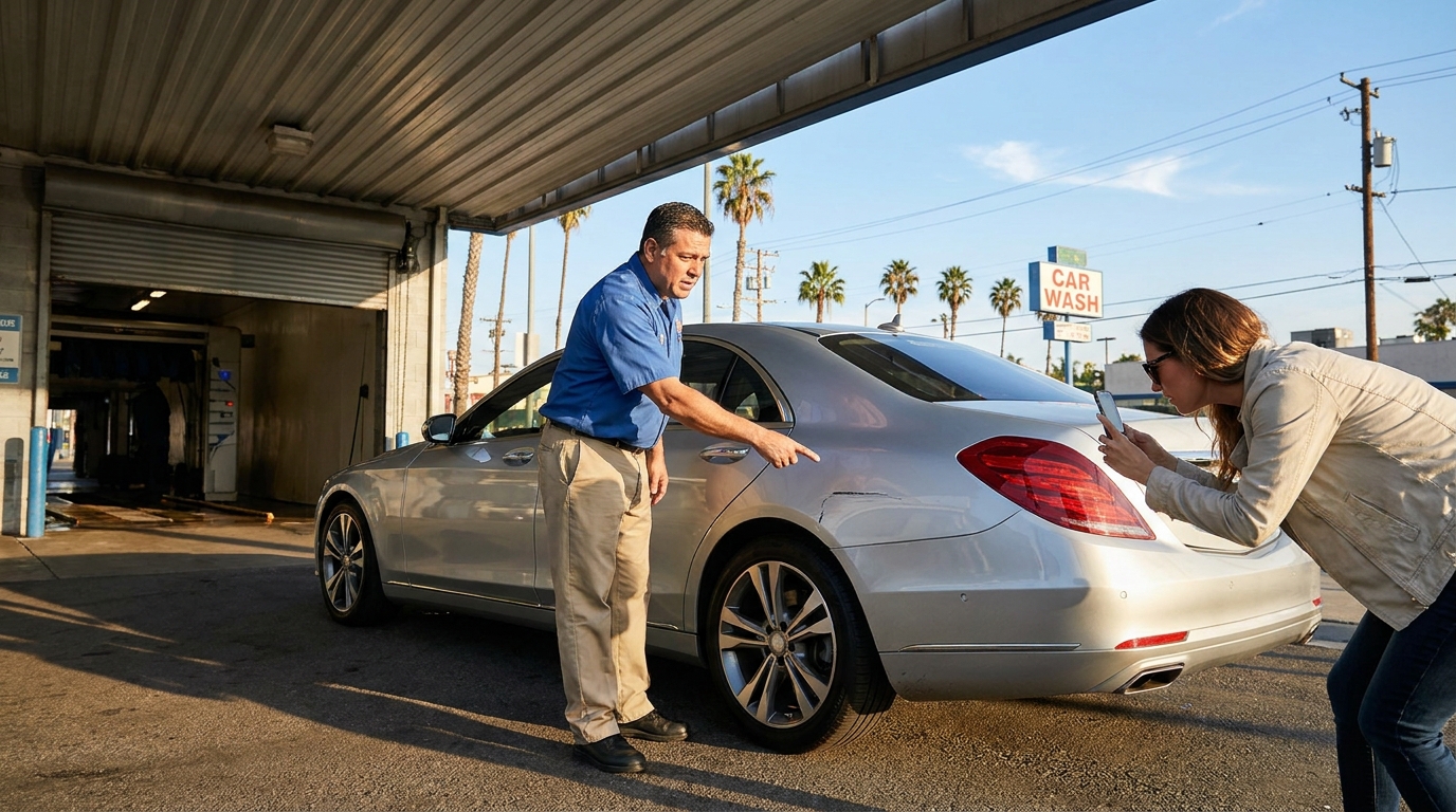 Car Wash Damage Repair Los Angeles: Who Pays, What It Costs, and How the Shop Fixes It Car wash damage repair in Los Angeles — a scratched silver sedan being inspected outside an automatic tunnel wash