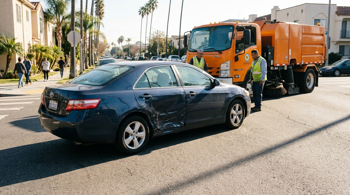 City Vehicle Hit My Car in Los Angeles: Body Damage, the Repair, and How the Municipal Claim Actually Works Dark blue sedan with side body damage parked next to a Los Angeles street sweeper after a city vehicle collision