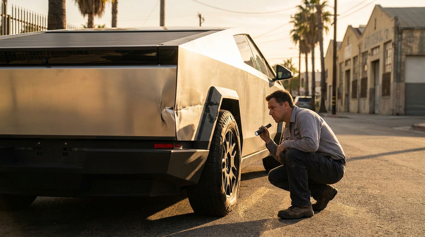 Cybertruck Collision Repair in Los Angeles: Real Costs, Where to Actually Get It Fixed, and What the Insurance Claim Looks Like Tesla Cybertruck with rear corner collision damage being inspected by a body shop technician on a Los Angeles street