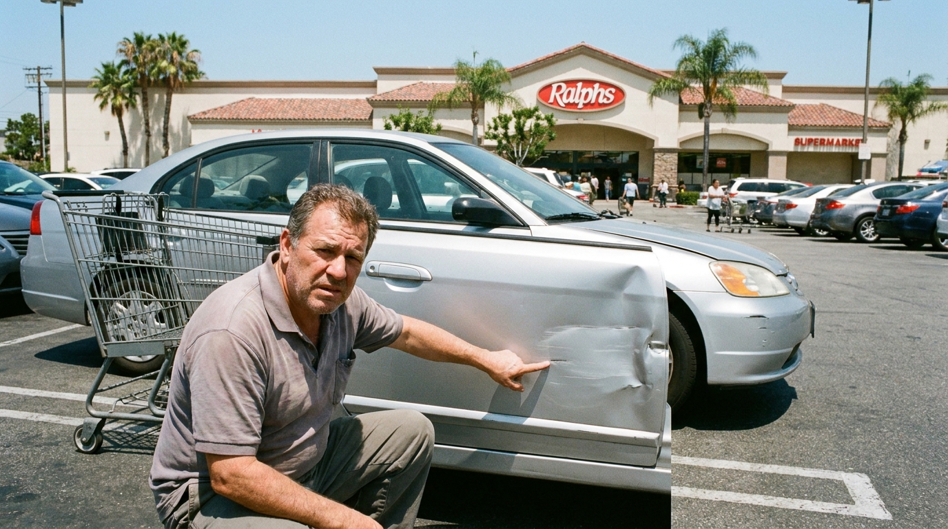 Shopping Cart Dent Repair Los Angeles: Who Pays, What It Costs, and the PDR-or-Paint Decision Driver inspecting a shopping cart dent on a silver sedan door in a Los Angeles parking lot, shopping cart dent repair los angeles scenario