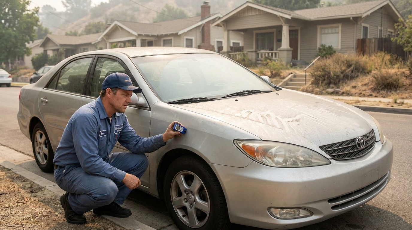 Wildfire Ash Paint Damage Car Repair Los Angeles: Polish It Out or Respray? Body shop technician examining wildfire ash paint damage on a car hood in Los Angeles using a paint-depth gauge